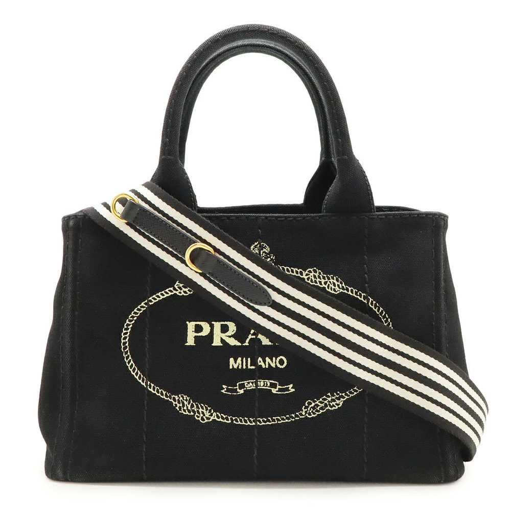 Prada Canapa Tote Bag Shoulder Striped Strap Canvas NERO Black Duty